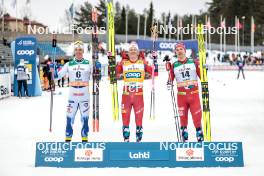 25.03.2023, Lahti, Finland (FIN): Calle Halfvarsson (SWE), Johannes Hoesflot Klaebo (NOR), Erik Valnes (NOR), (l-r)  - FIS world cup cross-country, individual sprint, Lahti (FIN). www.nordicfocus.com. © Modica/NordicFocus. Every downloaded picture is fee-liable.
