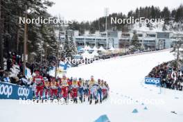 26.03.2023, Lahti, Finland (FIN): Paal Golberg (NOR), Simen Hegstad Krueger (NOR), Didrik Toenseth (NOR), Johannes Hoesflot Klaebo (NOR), Martin Loewstroem Nyenget (NOR), Perttu Hyvarinen (FIN), Calle Halfvarsson (SWE), Iivo Niskanen (FIN), (l-r)  - FIS world cup cross-country, mass, Lahti (FIN). www.nordicfocus.com. © Modica/NordicFocus. Every downloaded picture is fee-liable.