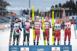 24.03.2023, Lahti, Finland (FIN): Federico Pellegrino (ITA), Francesco De Fabiani (ITA), Johannes Hoesflot Klaebo (NOR), Erik Valnes (NOR), Sindre Bjoernestad Skar (NOR), Harald Oestberg Amundsen (NOR), (l-r) - FIS world cup cross-country, mixed team sprint, Lahti (FIN). www.nordicfocus.com. © Modica/NordicFocus. Every downloaded picture is fee-liable.