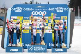 24.03.2023, Lahti, Finland (FIN): Anne Kjersti Kalvaa (NOR), Julie Myhre (NOR), Emma Ribom (SWE), Jonna Sundling (SWE), Coletta Rydzek (GER), Laura Gimmler (GER), (l-r) - FIS world cup cross-country, mixed team sprint, Lahti (FIN). www.nordicfocus.com. © Modica/NordicFocus. Every downloaded picture is fee-liable.