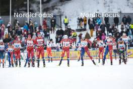 24.03.2023, Lahti, Finland (FIN): Richard Jouve (FRA), Sindre Bjoernestad Skar (NOR), Jules Chappaz (FRA), Harald Oestberg Amundsen (NOR), Erik Valnes (NOR), Johannes Hoesflot Klaebo (NOR), Lucas Chanavat (FRA), Renaud Jay (FRA), Federico Pellegrino (ITA), (l-r)  - FIS world cup cross-country, mixed team sprint, Lahti (FIN). www.nordicfocus.com. © Modica/NordicFocus. Every downloaded picture is fee-liable.