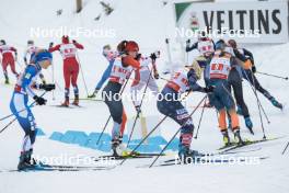 24.03.2023, Lahti, Finland (FIN): Keidy Kaasiku (EST), Katherine Stewart-Jones (CAN), Samantha Smith (USA), Patricija Eiduka (FIS), (l-r)  - FIS world cup cross-country, mixed team sprint, Lahti (FIN). www.nordicfocus.com. © Modica/NordicFocus. Every downloaded picture is fee-liable.