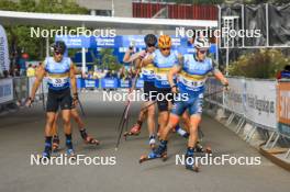 05.08.2023, Sandnes, Norway (NOR): Roman Schaad (SUI), Johannes Hoesflot Klaebo (NOR), James Matthieu Clugnet (GBR), (l-r) - BLINK23 Festival Cross-Country - Sandnes (NOR). www.nordicfocus.com. © Manzoni/NordicFocus. Every downloaded picture is fee-liable.