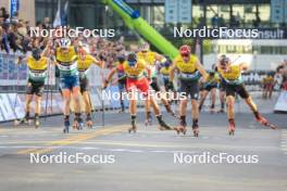 04.08.2023, Sandnes, Norway (NOR): Arnaud Chautemps (FRA), Andrew Musgrave (GBR), Aleksander Elde Holmboe (NOR), Even Northug (NOR), Federico Pellegrino (ITA), Miha Simenc (SLO), (l-r) - BLINK23 Festival Cross-Country - Sandnes (NOR). www.nordicfocus.com. © Manzoni/NordicFocus. Every downloaded picture is fee-liable.