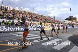 05.08.2023, Sandnes, Norway (NOR): Paal Golberg (NOR), Valerio Grond (SUI), Johannes Hoesflot Klaebo (NOR), Federico Pellegrino (ITA), Erik Valnes (NOR), James Matthieu Clugnet (GBR), (l-r) - BLINK23 Festival Cross-Country - Sandnes (NOR). www.nordicfocus.com. © Manzoni/NordicFocus. Every downloaded picture is fee-liable.