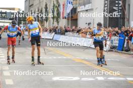 05.08.2023, Sandnes, Norway (NOR): Paal Golberg (NOR), Johannes Hoesflot Klaebo (NOR), Valerio Grond (SUI), (l-r) - BLINK23 Festival Cross-Country - Sandnes (NOR). www.nordicfocus.com. © Manzoni/NordicFocus. Every downloaded picture is fee-liable.
