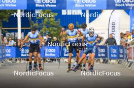 05.08.2023, Sandnes, Norway (NOR): Roman Schaad (SUI), Johannes Hoesflot Klaebo (NOR), James Matthieu Clugnet (GBR), (l-r) - BLINK23 Festival Cross-Country - Sandnes (NOR). www.nordicfocus.com. © Manzoni/NordicFocus. Every downloaded picture is fee-liable.