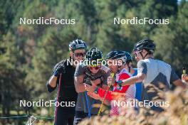 16.09.2023, Font-Romeu, France (FRA): Maurice Manificat (FRA), Clément Parisse (FRA), Thibaut Chene (FRA), Coach Team France, Hugo Lapalus (FRA), (l-r) - Cross-Country training, Font-Romeu (FRA). www.nordicfocus.com. © Authamayou/NordicFocus. Every downloaded picture is fee-liable.