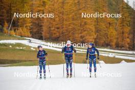 01.11.2023, Bessans, France (FRA): Mélissa Gal (FRA), Alexandre Pouyé (FRA), Coach Team France, Léna Quintin (FRA), (l-r) - Cross-Country training, Bessans (FRA). www.nordicfocus.com. © Authamayou/NordicFocus. Every downloaded picture is fee-liable.