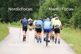 26.07.2023, Premanon, France (FRA): Hugo Lapalus (FRA), Theo Schely (FRA), Thibaut Chene (FRA), coach Team France, Jules Chappaz (FRA), (l-r) - Cross-Country summer training, Premanon (FRA). www.nordicfocus.com. © Manzoni/NordicFocus. Every downloaded picture is fee-liable.