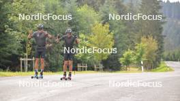 29.09.2023, Oberhof, Germany (GER): Roman Schaad (SUI), Jason Rueesch (SUI), (l-r) - Cross-Country training, Oberhof (GER). www.nordicfocus.com. © Reichert/NordicFocus. Every downloaded picture is fee-liable.