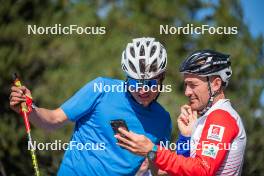 16.09.2023, Font-Romeu, France (FRA): Théo Schely (FRA), Thibaut Chene (FRA), Coach Team France, (l-r) - Cross-Country training, Font-Romeu (FRA). www.nordicfocus.com. © Authamayou/NordicFocus. Every downloaded picture is fee-liable.