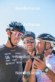 16.09.2023, Font-Romeu, France (FRA): Hugo Lapalus (FRA), Maurice Manificat (FRA), Thibaut Chene (FRA), Coach Team France, (l-r) - Cross-Country training, Font-Romeu (FRA). www.nordicfocus.com. © Authamayou/NordicFocus. Every downloaded picture is fee-liable.