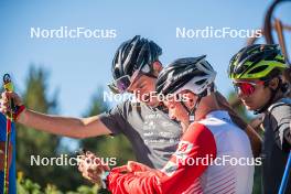 16.09.2023, Font-Romeu, France (FRA): Hugo Lapalus (FRA), Thibaut Chene (FRA), Coach Team France, Clément Parisse (FRA), (l-r) - Cross-Country training, Font-Romeu (FRA). www.nordicfocus.com. © Authamayou/NordicFocus. Every downloaded picture is fee-liable.
