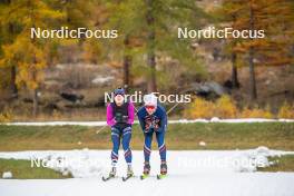 01.11.2023, Bessans, France (FRA): Flora Dolci (FRA), Alexandre Pouyé (FRA), Coach Team France, (l-r) - Cross-Country training, Bessans (FRA). www.nordicfocus.com. © Authamayou/NordicFocus. Every downloaded picture is fee-liable.