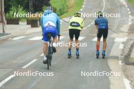 26.07.2023, Premanon, France (FRA): Thibaut Chene (FRA), coach Team France, Maurice Manificat (FRA), Clement Parisse (FRA), (l-r) - Cross-Country summer training, Premanon (FRA). www.nordicfocus.com. © Manzoni/NordicFocus. Every downloaded picture is fee-liable.
