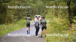 29.09.2023, Oberhof, Germany (GER): Roman Schaad (SUI), Francois Faivre (FRA), Jason Rueesch (SUI), (l-r) - Cross-Country training, Oberhof (GER). www.nordicfocus.com. © Reichert/NordicFocus. Every downloaded picture is fee-liable.