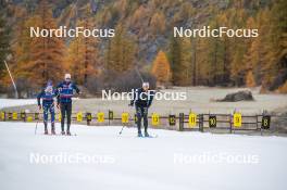 01.11.2023, Bessans, France (FRA): Hugo Lapalus (FRA), Renaud Jay (FRA), Richard Jouve (FRA), (l-r) - Cross-Country training, Bessans (FRA). www.nordicfocus.com. © Authamayou/NordicFocus. Every downloaded picture is fee-liable.
