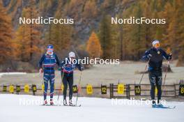 01.11.2023, Bessans, France (FRA): Hugo Lapalus (FRA), Renaud Jay (FRA), Richard Jouve (FRA), (l-r) - Cross-Country training, Bessans (FRA). www.nordicfocus.com. © Authamayou/NordicFocus. Every downloaded picture is fee-liable.