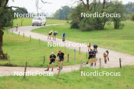 26.07.2023, Premanon, France (FRA): Renaud Jay (FRA), Mathis Desloges (FRA), Jules Lapierre (FRA), Clement Parisse (FRA), Lucas Chanavat (FRA), (l-r) - Cross-Country summer training, Premanon (FRA). www.nordicfocus.com. © Manzoni/NordicFocus. Every downloaded picture is fee-liable.