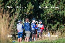 23.09.2023, Font-Romeu, France (FRA): Thibaut Chene (FRA), Coach Team France, Hugo Lapalus (FRA), Richard Jouve (FRA), (l-r) - Cross-Country training, Font-Romeu (FRA). www.nordicfocus.com. © Authamayou/NordicFocus. Every downloaded picture is fee-liable.