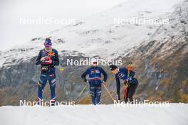 01.11.2023, Bessans, France (FRA): Hugo Lapalus (FRA), Alexandre Pouyé (FRA), Coach Team France, Théo Schely (FRA), (l-r) - Cross-Country training, Bessans (FRA). www.nordicfocus.com. © Authamayou/NordicFocus. Every downloaded picture is fee-liable.