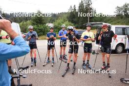 26.07.2023, Premanon, France (FRA): Jules Chappaz (FRA), Jules Lapierre (FRA), Theo Schely (FRA), Victor Lovera (FRA), Julien Arnaud (FRA), Mathis Desloges (FRA), (l-r) - Cross-Country summer training, Premanon (FRA). www.nordicfocus.com. © Manzoni/NordicFocus. Every downloaded picture is fee-liable.