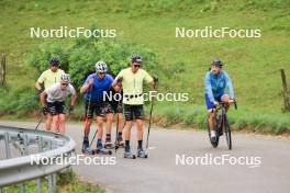 26.07.2023, Premanon, France (FRA): Arnaud Chautemps (FRA), Victor Lovera (FRA), Mathis Desloges (FRA), Jules Lapierre (FRA), Maurice Manificat (FRA), Thibaut Chene (FRA), coach Team France, (l-r) - Cross-Country summer training, Premanon (FRA). www.nordicfocus.com. © Manzoni/NordicFocus. Every downloaded picture is fee-liable.