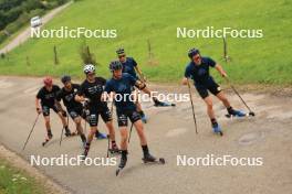 26.07.2023, Premanon, France (FRA): Victor Lovera (FRA), Richard Jouve (FRA), Renaud Jay (FRA), Clement Parisse (FRA), Hugo Lapalus (FRA), Jules Lapierre (FRA), (l-r) - Cross-Country summer training, Premanon (FRA). www.nordicfocus.com. © Manzoni/NordicFocus. Every downloaded picture is fee-liable.