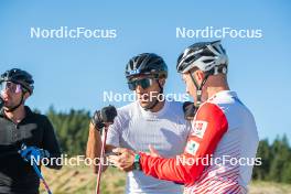 16.09.2023, Font-Romeu, France (FRA): Richard Jouve (FRA), Thibaut Chene (FRA), Coach Team France, (l-r) - Cross-Country training, Font-Romeu (FRA). www.nordicfocus.com. © Authamayou/NordicFocus. Every downloaded picture is fee-liable.