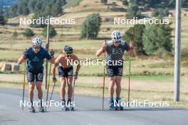 13.09.2023, Font-Romeu, France (FRA): Renaud Jay (FRA), Clément Parisse (FRA), Théo Schely (FRA), (l-r) - Cross-Country training, Font-Romeu (FRA). www.nordicfocus.com. © Authamayou/NordicFocus. Every downloaded picture is fee-liable.