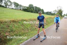 26.07.2023, Premanon, France (FRA): Clement Parisse (FRA), Thibaut Chene (FRA), coach Team France, (l-r) - Cross-Country summer training, Premanon (FRA). www.nordicfocus.com. © Manzoni/NordicFocus. Every downloaded picture is fee-liable.