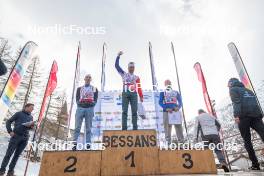 01.04.2023, Bessans, France (FRA): Simon  Vuillet (FRA), Maurice  Manificat (FRA), Gerard  Agnellet (FRA), (l-r)  - French Championships cross-country, mass, Bessans (FRA). www.nordicfocus.com. © Authamayou/NordicFocus. Every downloaded picture is fee-liable.