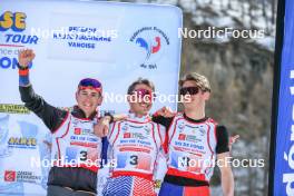 02.04.2023, Bessans, France (FRA): Nino Sansonne (FRA), Nathan Marseille (FRA), Julien Arnaud (FRA) - French Championships cross-country, relay, Bessans (FRA). www.nordicfocus.com. © Authamayou/NordicFocus. Every downloaded picture is fee-liable.