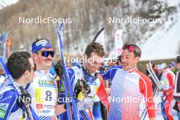 02.04.2023, Bessans, France (FRA): Jules Lapierre (FRA), Jules Chappaz (FRA), Maurice Manificat (FRA), Julien Arnaud (FRA), (l-r)  - French Championships cross-country, relay, Bessans (FRA). www.nordicfocus.com. © Authamayou/NordicFocus. Every downloaded picture is fee-liable.