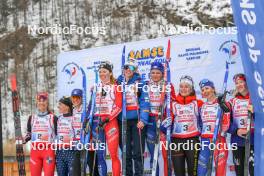 02.04.2023, Bessans, France (FRA): Agathe Margreither (FRA), Alice Bourdin (FRA), Eve ondine Duchaufour (FRA), Melissa Gal (FRA), Margot Tirloy (FRA), France Pignot (FRA), Lily Dode (FRA), Melina Berthet (FRA), Juliette Ducordeau (FRA), (l-r)  - French Championships cross-country, relay, Bessans (FRA). www.nordicfocus.com. © Authamayou/NordicFocus. Every downloaded picture is fee-liable.