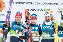 01.03.2023, Planica, Slovenia (SLO): Harald Oestberg Amundsen (NOR), Simen Hegstad Krueger (NOR), Hans Christer Holund (NOR), (l-r) - FIS nordic world ski championships cross-country, 15km men, Planica (SLO). www.nordicfocus.com. © Modica/NordicFocus. Every downloaded picture is fee-liable.