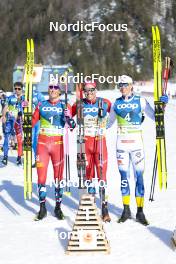 05.03.2023, Planica, Slovenia (SLO): Johannes Hoesflot Klaebo (NOR), Paal Golberg (NOR), William Poromaa (SWE), (l-r) - FIS nordic world ski championships cross-country, mass men, Planica (SLO). www.nordicfocus.com. © Modica/NordicFocus. Every downloaded picture is fee-liable.