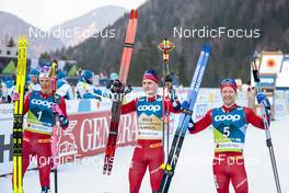 24.02.2023, Planica, Slovenia (SLO): Johannes Hoesflot Klaebo (NOR), Simen Hegstad Krueger (NOR), Sjur Roethe (NOR), (l-r) - FIS nordic world ski championships cross-country, skiathlon men, Planica (SLO). www.nordicfocus.com. © Modica/NordicFocus. Every downloaded picture is fee-liable.