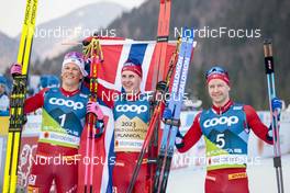 24.02.2023, Planica, Slovenia (SLO): Johannes Hoesflot Klaebo (NOR), Simen Hegstad Krueger (NOR), Sjur Roethe (NOR), (l-r) - FIS nordic world ski championships cross-country, skiathlon men, Planica (SLO). www.nordicfocus.com. © Modica/NordicFocus. Every downloaded picture is fee-liable.