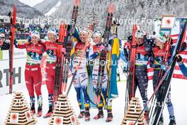26.02.2023, Planica, Slovenia (SLO): Anne Kalvaa (NOR), Tiril Udnes Weng (NOR), Jonna Sundling (SWE), Emma Ribom (SWE), Julia Kern (USA), Jessie Diggins (USA), (l-r) - FIS nordic world ski championships cross-country, team sprint, Planica (SLO). www.nordicfocus.com. © Modica/NordicFocus. Every downloaded picture is fee-liable.