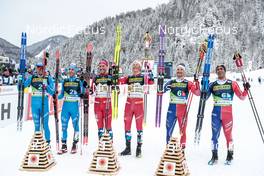 26.02.2023, Planica, Slovenia (SLO): Francesco De Fabiani (ITA), Federico Pellegrino (ITA), Paal Golberg (NOR), Johannes Hoesflot Klaebo (NOR), Renaud Jay (FRA), Richard Jouve (FRA), (l-r)  - FIS nordic world ski championships cross-country, team sprint, Planica (SLO). www.nordicfocus.com. © Modica/NordicFocus. Every downloaded picture is fee-liable.