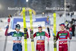 09.12.2023, Oestersund, Sweden (SWE): James Clinton Schoonmaker (USA), Johannes Hoesflot Klaebo (NOR), Erik Valnes (NOR), (l-r) - FIS world cup cross-country, individual sprint, Oestersund (SWE). www.nordicfocus.com. © Modica/NordicFocus. Every downloaded picture is fee-liable.