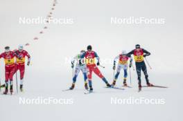 15.12.2023, Trondheim, Norway (NOR): Ansgar Evensen (NOR), Even Northug (NOR), Edvin Anger (SWE), Michal Novak (CZE), Calle Halfvarsson (SWE), Federico Pellegrino (ITA), (l-r)  - FIS world cup cross-country, individual sprint, Trondheim (NOR). www.nordicfocus.com. © Modica/NordicFocus. Every downloaded picture is fee-liable.