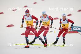 16.12.2023, Trondheim, Norway (NOR): Simen Hegstad Krueger (NOR), Johannes Hoesflot Klaebo (NOR), Didrik Toenseth (NOR), (l-r)  - FIS world cup cross-country, skiathlon, Trondheim (NOR). www.nordicfocus.com. © Modica/NordicFocus. Every downloaded picture is fee-liable.