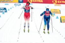 31.12.2023, Toblach, Italy (ITA): Giuliana Werro (SUI), Kseniya Shalygina (KAZ), (l-r)  - FIS world cup cross-country, tour de ski, 10km, Toblach (ITA). www.nordicfocus.com. © Modica/NordicFocus. Every downloaded picture is fee-liable.