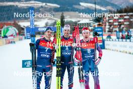 30.12.2023, Toblach, Italy (ITA): Jules Chappaz (FRA), Lucas Chanavat (FRA), Ben Ogden (USA), (l-r)  - FIS world cup cross-country, tour de ski, individual sprint, Toblach (ITA). www.nordicfocus.com. © Modica/NordicFocus. Every downloaded picture is fee-liable.