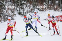 27.01.2023, Seefeld, Austria (AUT): Julian Schmid (GER), Jens Luraas Oftebro (NOR), Franz-Josef Rehrl (AUT), Stefan Rettenegger (AUT), (l-r)  - FIS world cup nordic combined men, individual gundersen HS109/7.5km, Seefeld (AUT). www.nordicfocus.com. © Volk/NordicFocus. Every downloaded picture is fee-liable.
