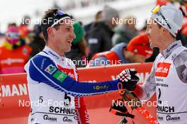 12.02.2023, Schonach, Germany (GER): Laurent Muhlethaler (FRA), Mario Seidl (AUT), (l-r)  - FIS world cup nordic combined men, individual gundersen HS100/10km, Schonach (GER). www.nordicfocus.com. © Volk/NordicFocus. Every downloaded picture is fee-liable.