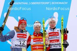 12.02.2023, Schonach, Germany (GER): Julian Schmid (GER), Johannes Lamparter (AUT), Jens Luraas Oftebro (NOR), (l-r), (l-r)  - FIS world cup nordic combined men, individual gundersen HS100/10km, Schonach (GER). www.nordicfocus.com. © Volk/NordicFocus. Every downloaded picture is fee-liable.